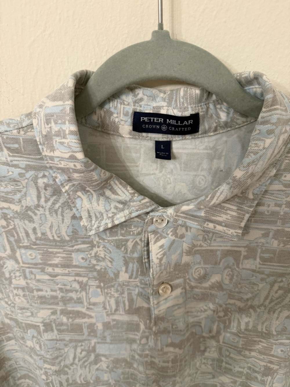 Peter Millar Men's Light Blue and Beige Printed safari Polo Shirt